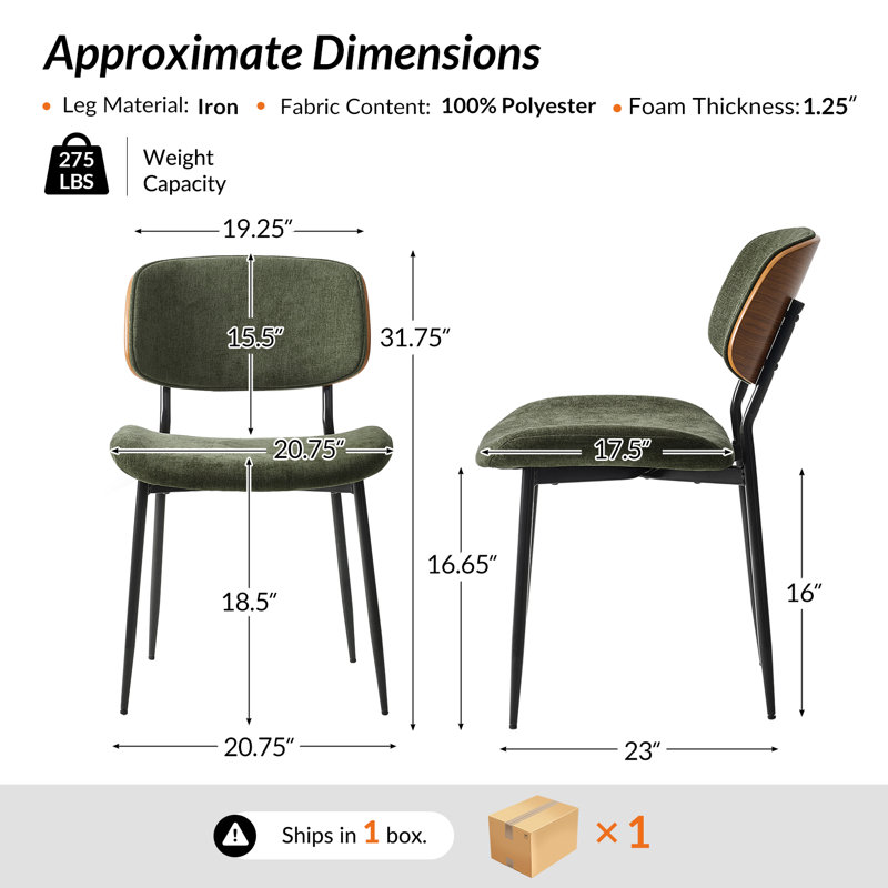Balloo 20.75"W Modern Fabric Seat Cushion Dinning Chair with Curved Wooden Backrest (Set of 2), Moss