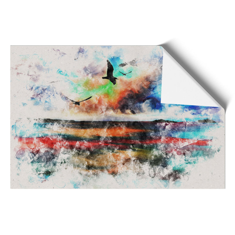 Birds over a Colourful Ocean Watercolour - Frameless Print, 42cm H x 59cm W x 0.1cm D