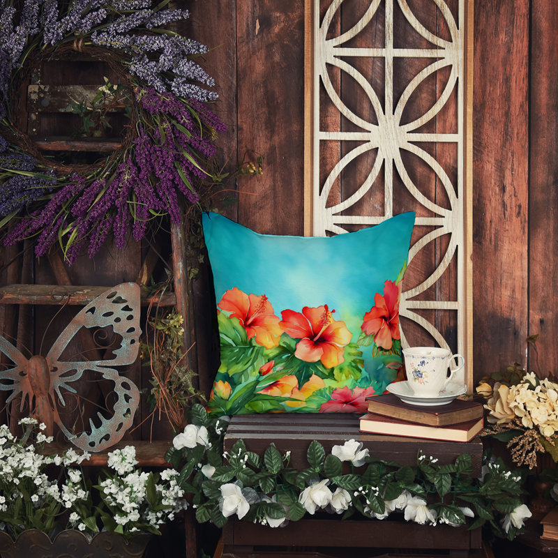 Coussin Hawaii, Hibiscus à l'aquarelle, Carré 14 po