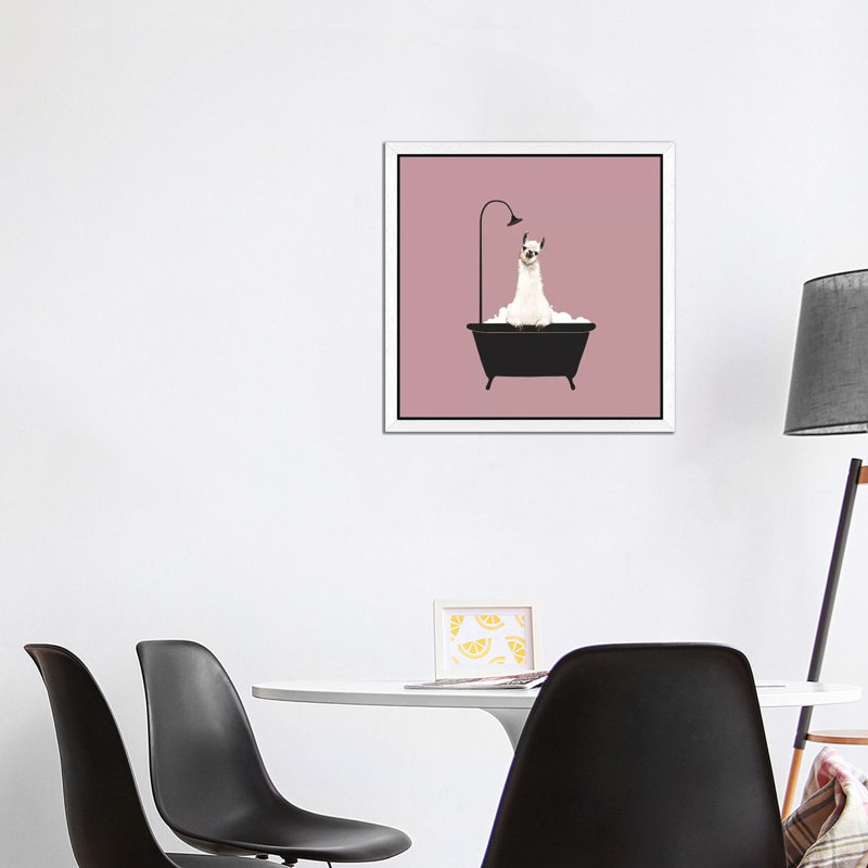 Llama In Bath Tub by Big Nose Work - Print on Canvas, 45.72 cm H x 45.72 cm W, White Framed