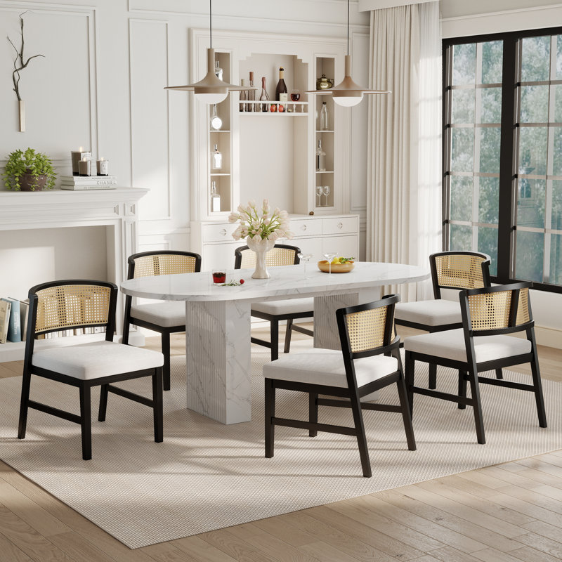 Ensemble de table ovale Modern Farmhouse et chaises en rotin 4/6, plateau en marbre blanc / chêne / noyer et structure en noyer, ensemble de table pour la salle à manger et la cuisine