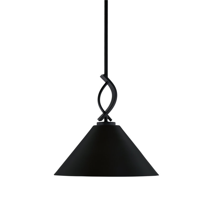 Mini-luminaire suspendu avec tige Cavella au fini noir mat avec abat-jour conique en métal de 14 po, Noir