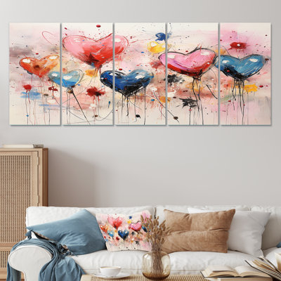 Rose et bleu cœur Pop Art I - Pop Art, décoration murale 5 pièces