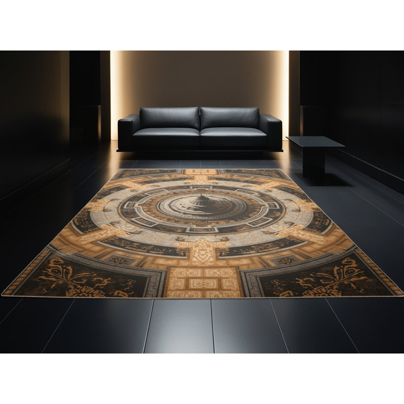 Machine Washable Orkan Borobudur Temple Indonesia Classic Oriental Rug in Brown – Beige Binding, 7x9