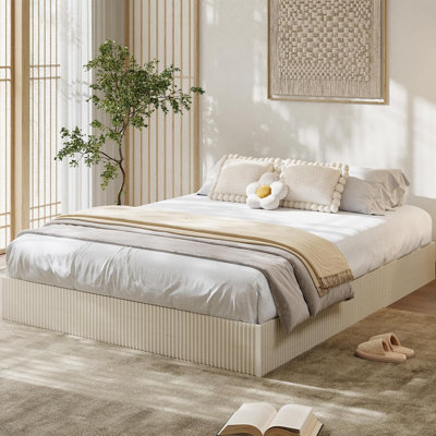 Twin-XL Size Low Profile Fluted Wood Platform Bed Frame, Noise-Free Slat Support Recessed Mattress Base, No Box Spring Required, Easy Assembly Minimalist Bed Base for Bedroom, White