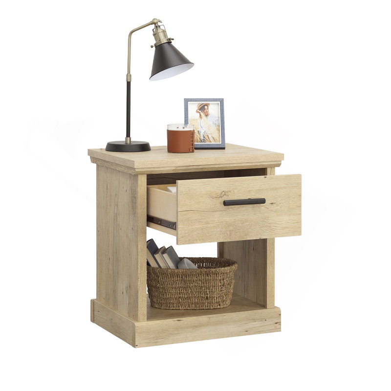Table de chevet en bois d'ingénierie avec tablette ouverte et tiroir lisse, brun