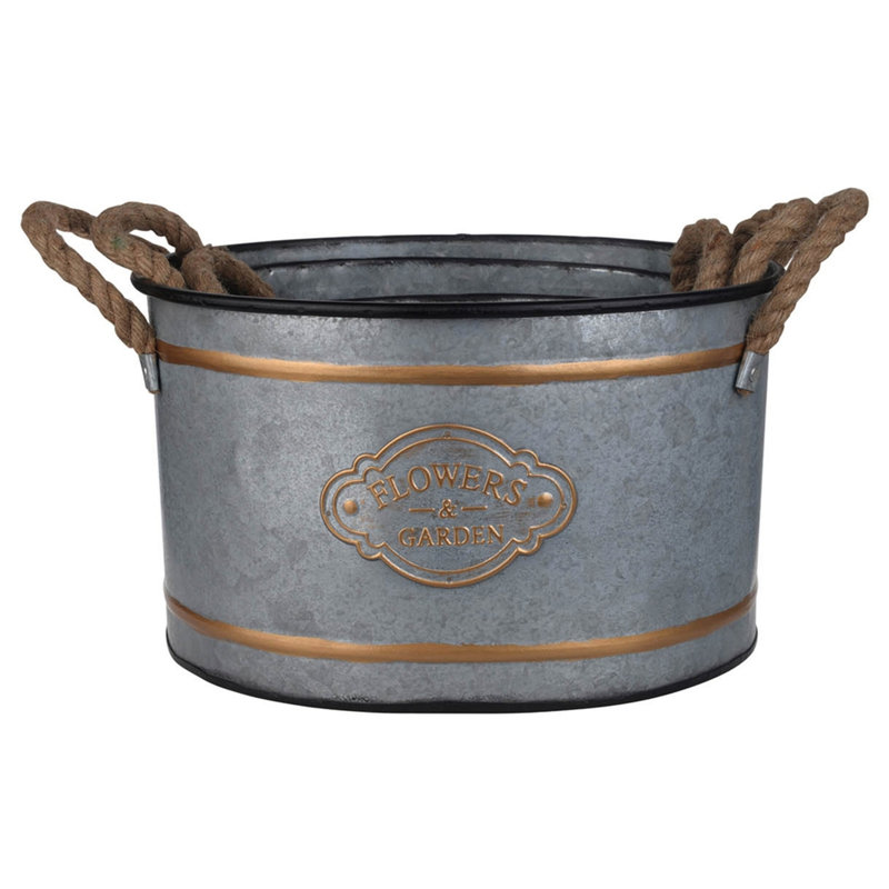 Decorative Pot Of 3 In Galvanized Metal With Rope Handles And Gold Garnish, Grey Multi, Space - Saving Nesting Feature, 4.2 Lbs Piece Embellishment Cottage Style Aesthetic, Progressive Sizing For
