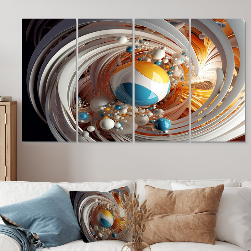 «Distant Galaxy Turquoise White - Abstract Spirals», ensemble de 4 pièces d'art mural, H 32 po x l 64 po