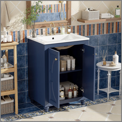 Meuble-lavabo moderne de 24 po avec motif elliptique orné et charnières à fermeture en douceur, armoire de salle de bain avec structure ouverte au dos, pieds tournés en boule avec élégance française