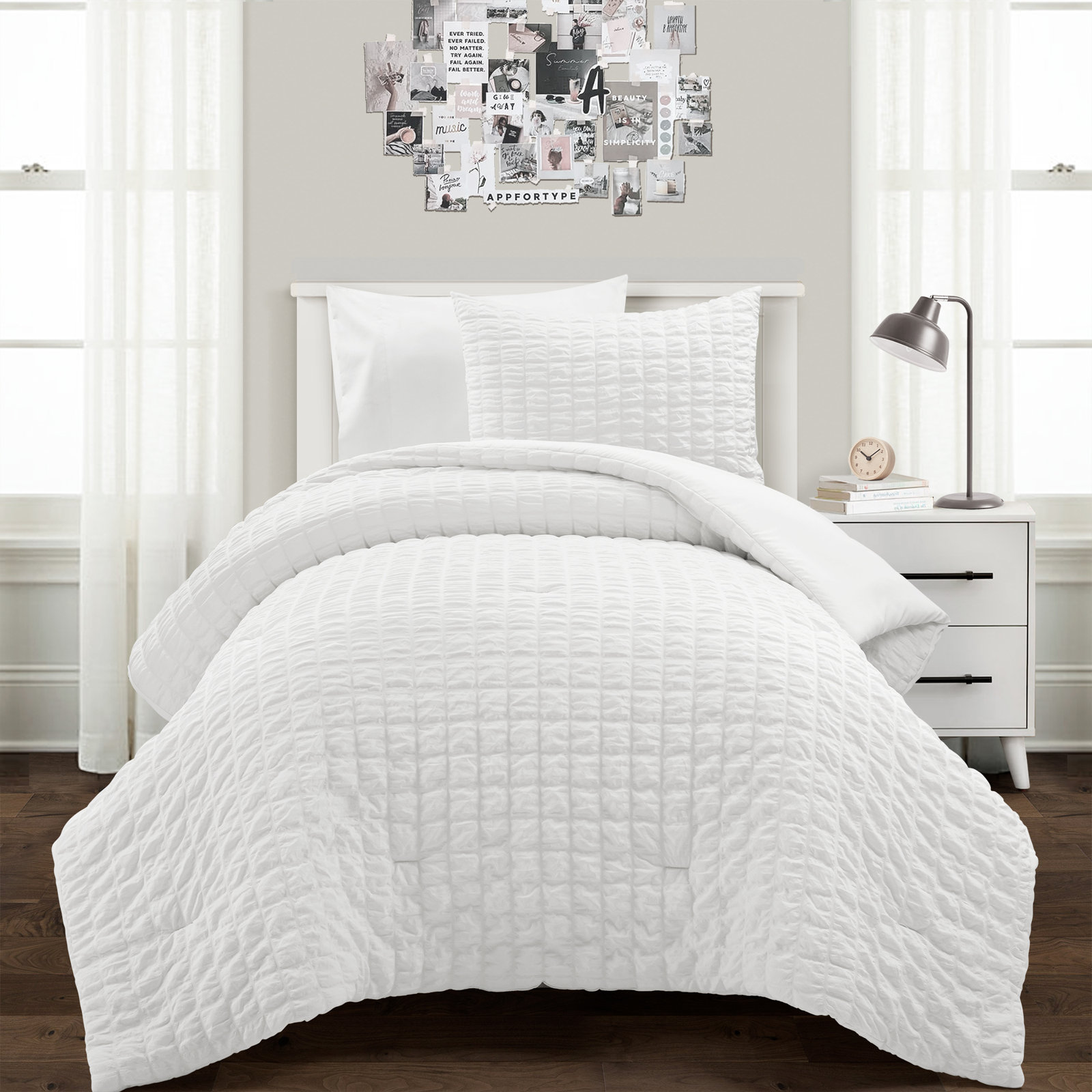 Crinkle 3 Piece All Season Crinkle Textured Dobby Comforter Set, White, Twin Extra Long