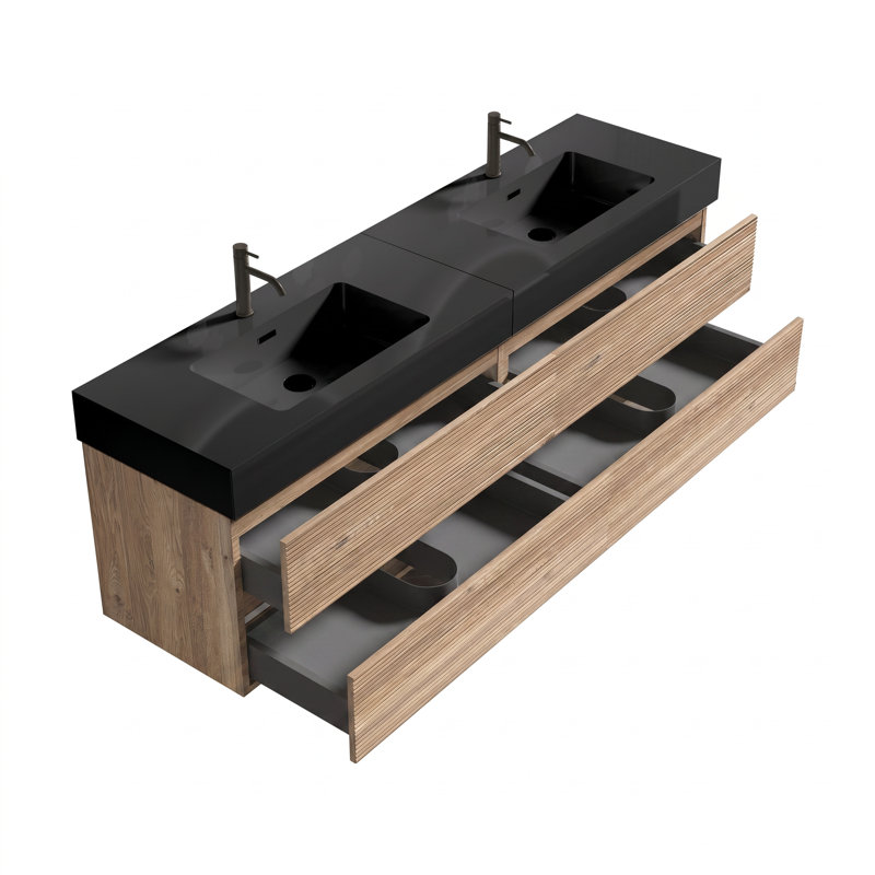 Meuble-lavabo mural 72 po moderne en chêne avec lavabo à surface solide noir mat d'ingénierie, tiroirs souples (36 po * 2)