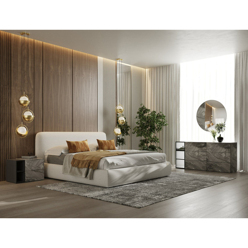 Erick - Lit tapissier en tissu ivoire moderne, Grand