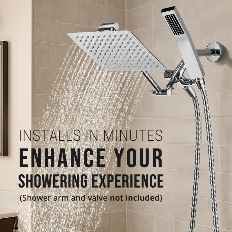 All Metal Dual Square Rain Shower Head with Handheld - Adjustable Arm & 3-Way Diverter