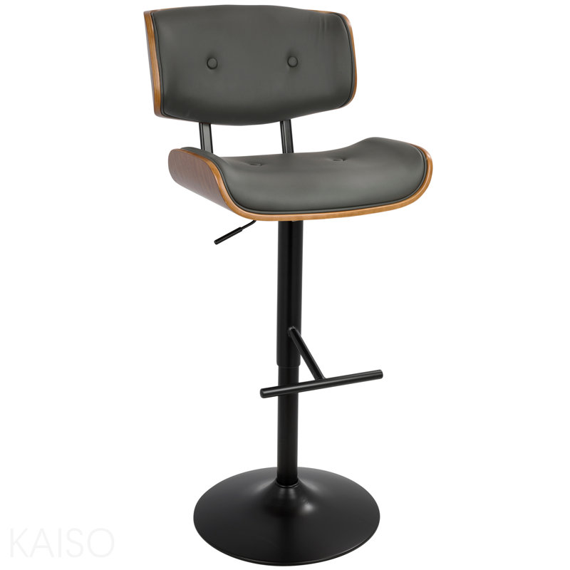 Tabouret de bar réglable 1 pièce Mid-Century moderne - noyer, similicuir gris