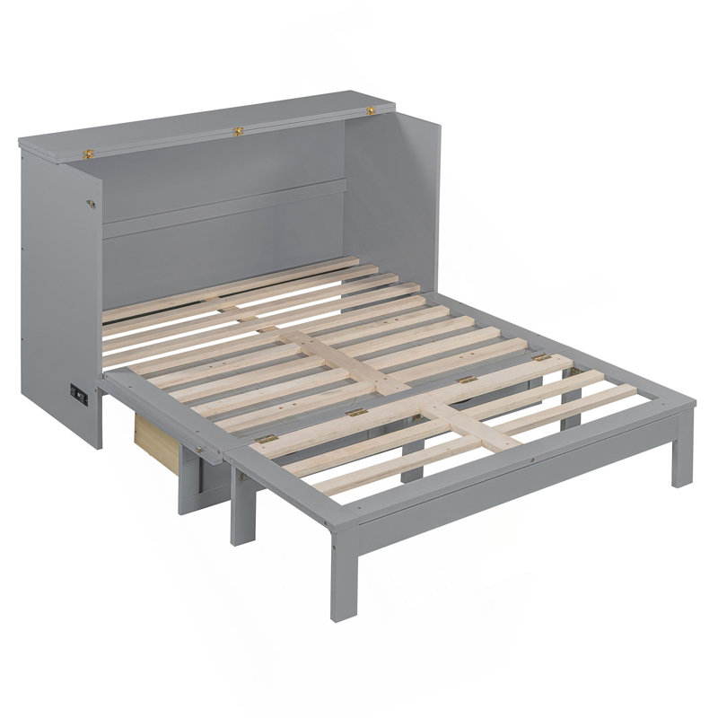 Lit escamotable double avec grands tiroirs, Gris, Lit double