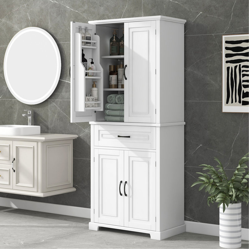 Versatile Bathroom Storage Cabinet With Multiple Compartments And Adjustable Shelf, White