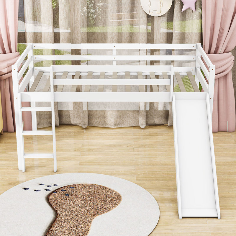 Kenara Twin Low Loft Bed With Slide And Ladder,Safety Guardrails, White