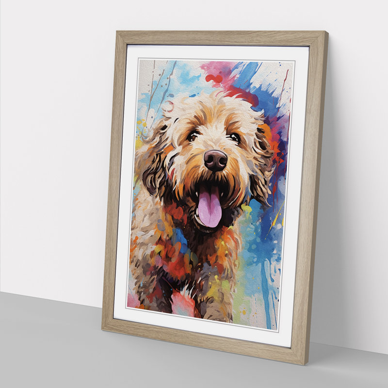 Labradoodle Action Painting - Single Picture Frame Print on Wood, Oak Framed, 46cm H x 34cm W