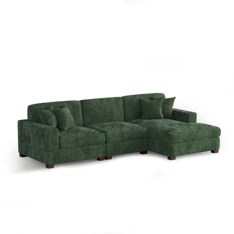 3 - Piece Upholstered Green Chenille Modular Sectional Sofa with Armrests & Throw Pillows, Right Hand Facing, Green Chenille