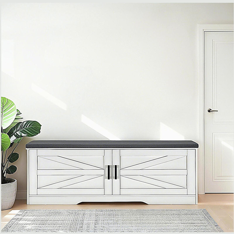 2-Tier Storage Bench, Shoe Bench with Padded Seat Cushion, Entryway Bench with 2 Barn Doors & 2 Adjustable Shelves