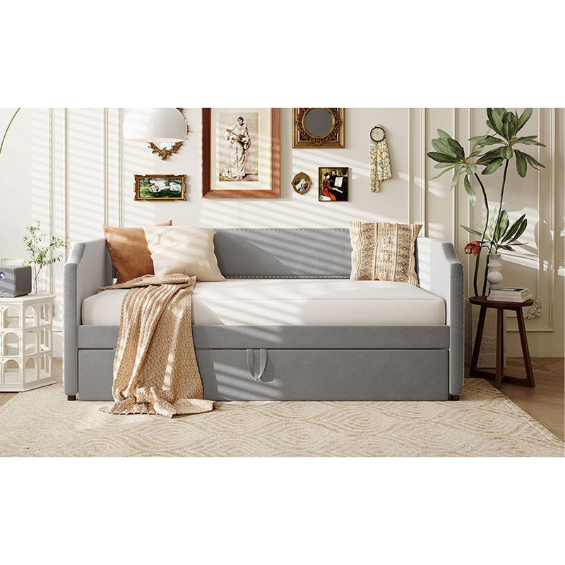 Twin Size Velvet Upholstered Daybed With Pop Up Trundle, Gray, Gray