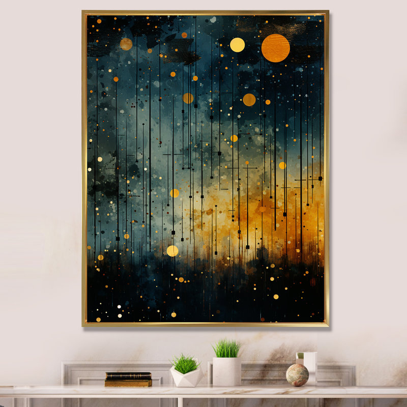 «Yellow Astral Murmurs Landscape», art mural abstrait, Cadre flottant doré, H 20 po x l 12 po x P 1 po