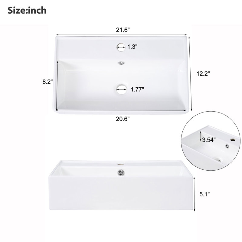 Lavabo de salle de bain 21,6 po en céramique - blanc, résistant aux rayures et à la longévité, teinté - facile d'entretien, résistant à la chaleur - contemporain, teinté - non absorbant, élégant