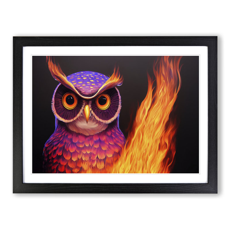 Flaming Owl - Single Picture Frame Print, Black Framed, 25cm H x 34cm W x 2cm D