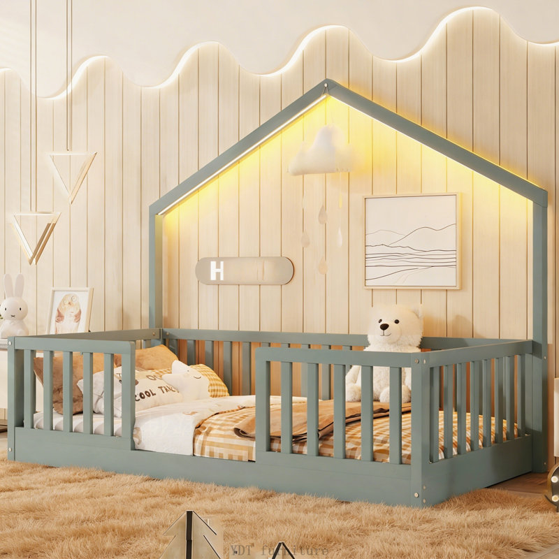 Twin Size Wooden Montessori Floor Bed with High Rails | Kids Bed with Light for Boys and Girls, Grey, Grey, Twin