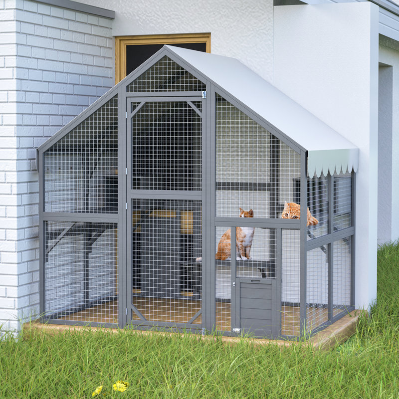 Grande maisonnette d'extérieur pour chat, luxueuse clôture en bois pour chat 28 pi² avec 2 portes pour chat, 2 parcs et cachettes, ponts, promenades, toit, gris