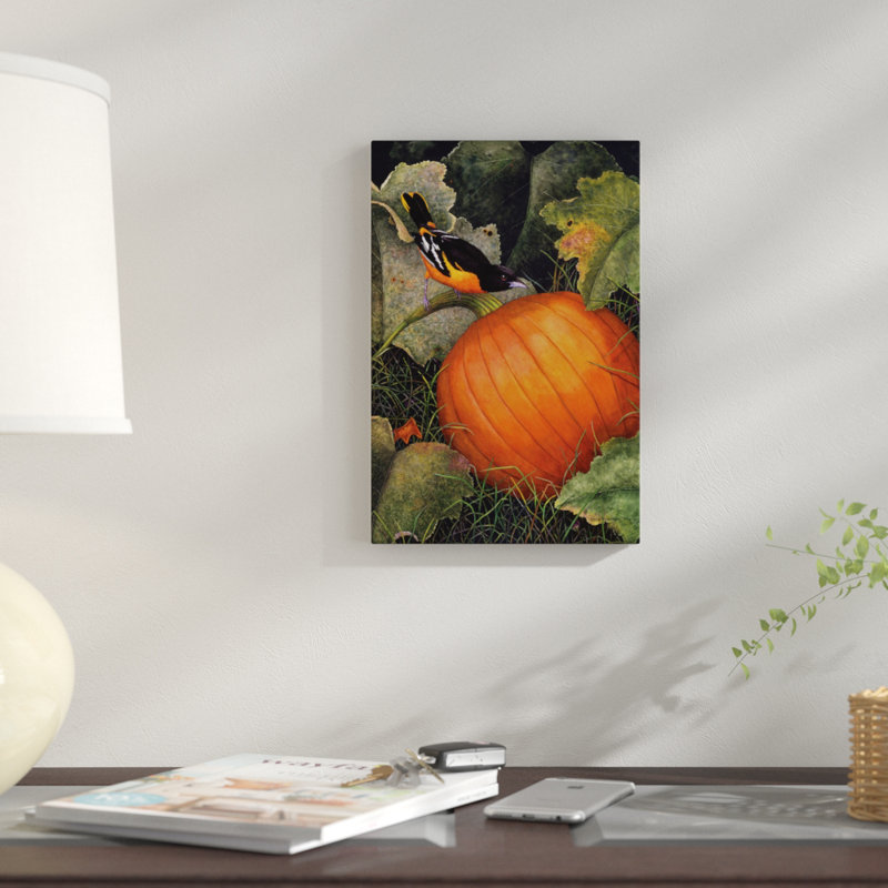 «Oriole & Pumpkin», impression sur toile, H 26 po x l 18 po x P 1,5 po, Pas de tapis, Papier d'art encadré noir
