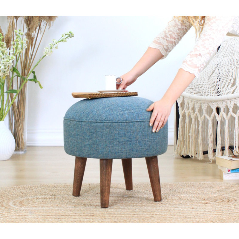 Elegant Bohemian Pouffe, Blue Velvet & Cotton, 16.9 x 17.7 inches | 35 DNS Orthopedic Sponge, 6.0 cm Height | Sturdy Wooden Legs, Perfect for Scandinavian & Hotel Decor | Stylish & Comfortable Seating Solution
