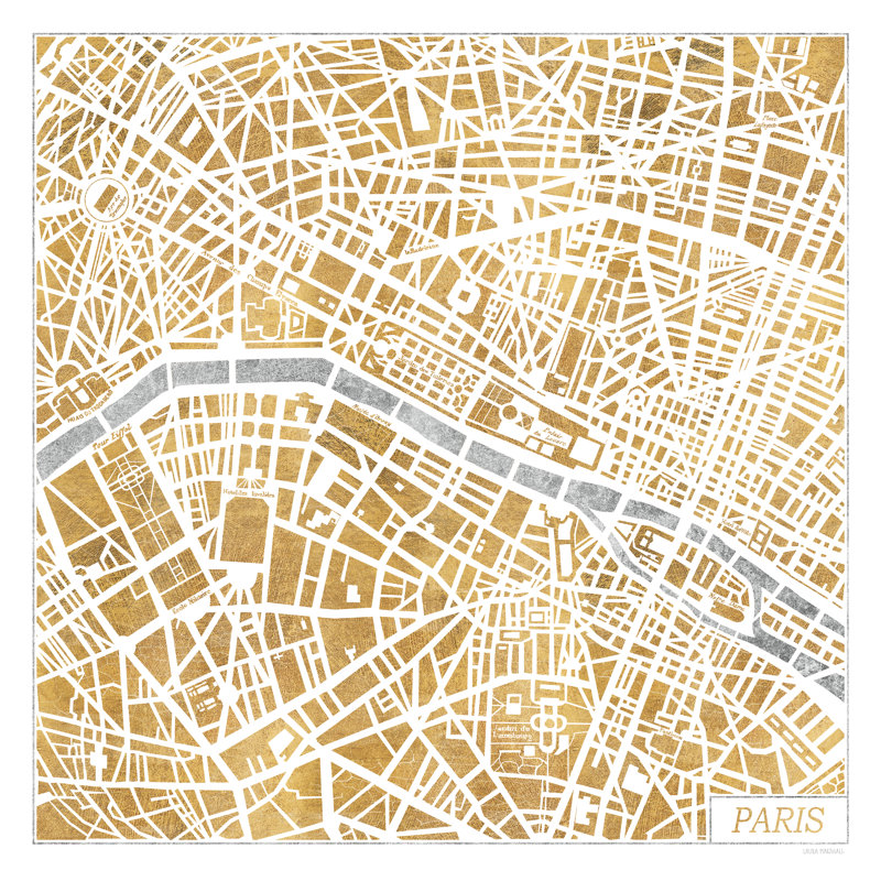 Carte dorée de Paris, H 36 po x l 36 po, Non, Toile tendue