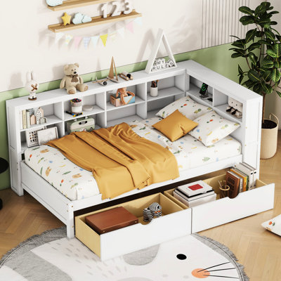 Lit de jour en bois simple avec 2 tiroirs, lit de jour avec tablette de rangement et ports de chargement USB, blanc