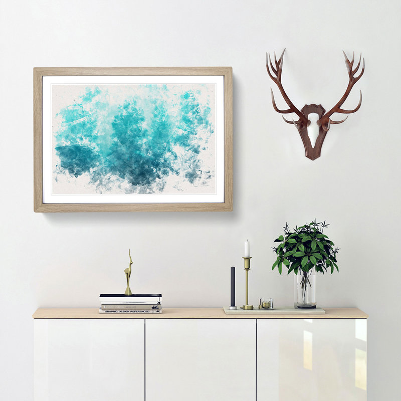 Teal Blue Forest Watercolour - Picture Frame Graphic Art Print, 40cm H x 60cm W x 2cm D, Oak Framed