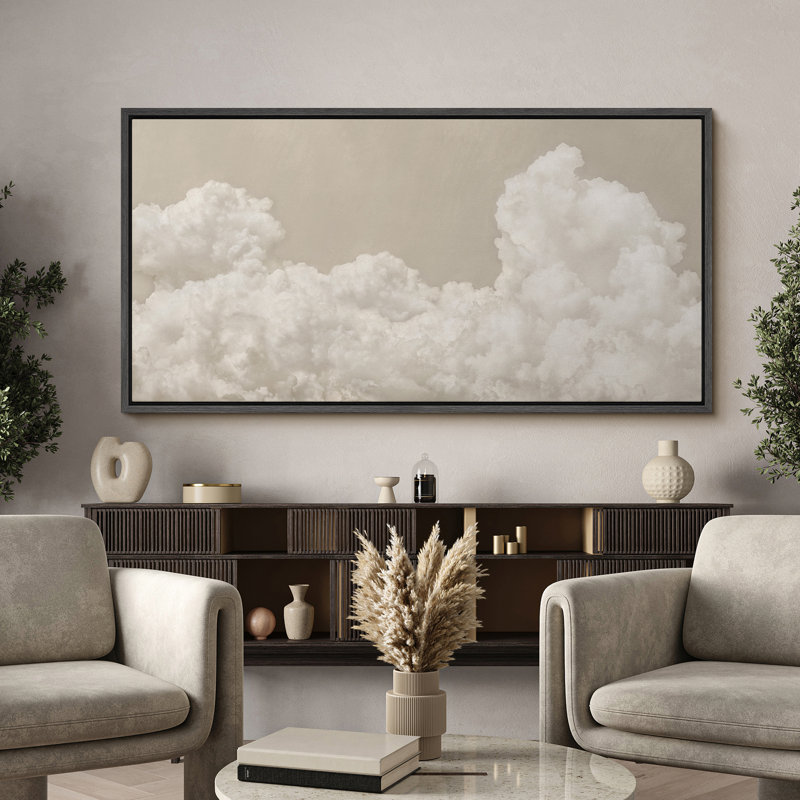 " Soft White Clouds On Beige Background Antique Retro ", 30" H x 60" W, Black