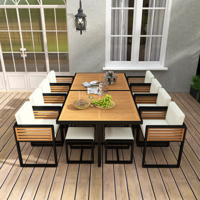 Ensemble de salle à manger 18 pièces pour patio en bois d'acacia, mobilier d'extérieur peu encombrant, 8 chaises coussinées beiges, 8 repose-pieds et 2 tables carrées pour la cour, le jardin, la terrasse et la piscine