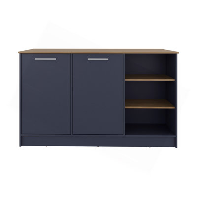 Kitchen Island 35.7" H, 2 Doors, 7 Shelves, Alby Blue / Natural Oak - Kitchen
