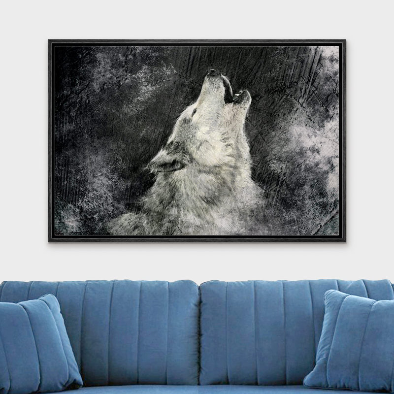 «Howling Wolf On Grunge Black Animals Wildlife» sur toile, Cadre noir, H 24 po x l 36 po