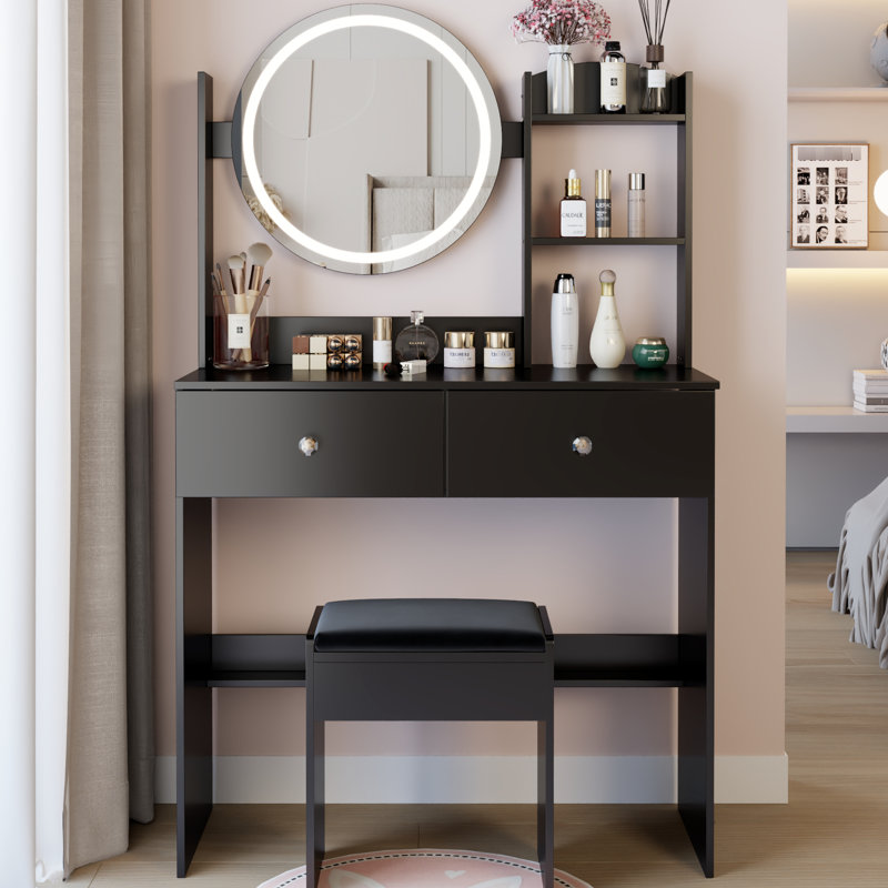 17" Round Led Vanity Table And Cushioned Stool , Touch - Operated 3 Color Lighting With Adjustable Brightness, Large Mirror Multi Layer Storage, Ideal For Small Home Spaces, American Inspired Look,