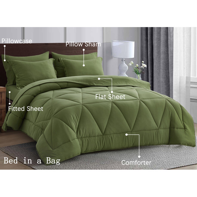 Microfiber Bed in a Bag Comforter Set, Oversized King Comforter + 6 Additional Pieces, Olive Green