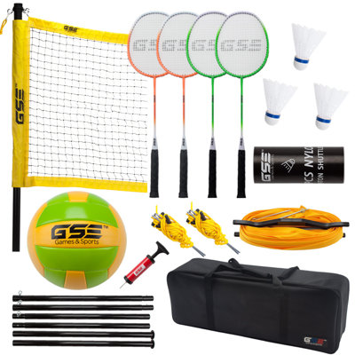 GSE Professional Badminton and Volleyball Complete Set with Badminton/Volleyball Net, 4 Badminton Paddles, 3 Shuttlecocks, Volleyball, Boundary Line. Great for Backyard, Park, Beach, Lawn