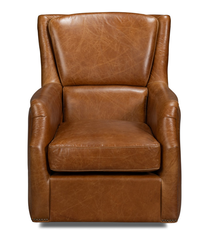 Baker Swivel Club Chair, Brown Genuine Leather