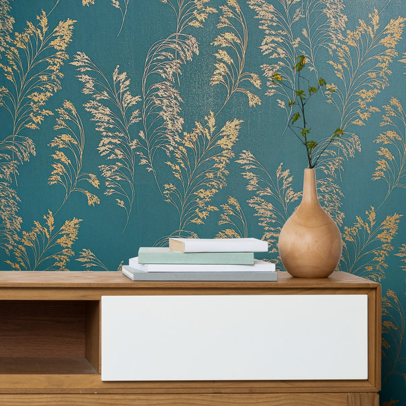 Olio Shrub Leaf on Plain Linen 33' L x 21" W Metallic Wallpaper Roll, Blue/Gold