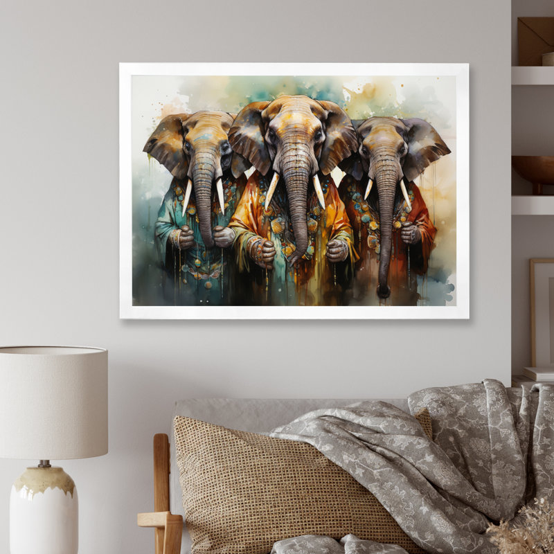 Éléphants sacrés d'Afrique I, Cadre simple blanc, H 16 po x l 32 po x P 1 po