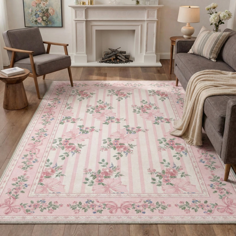Bloomere Floral Machine Washable Blush Bow Indoor Area Rug With Non-Slip Backing, Rectangle 5' x 7'