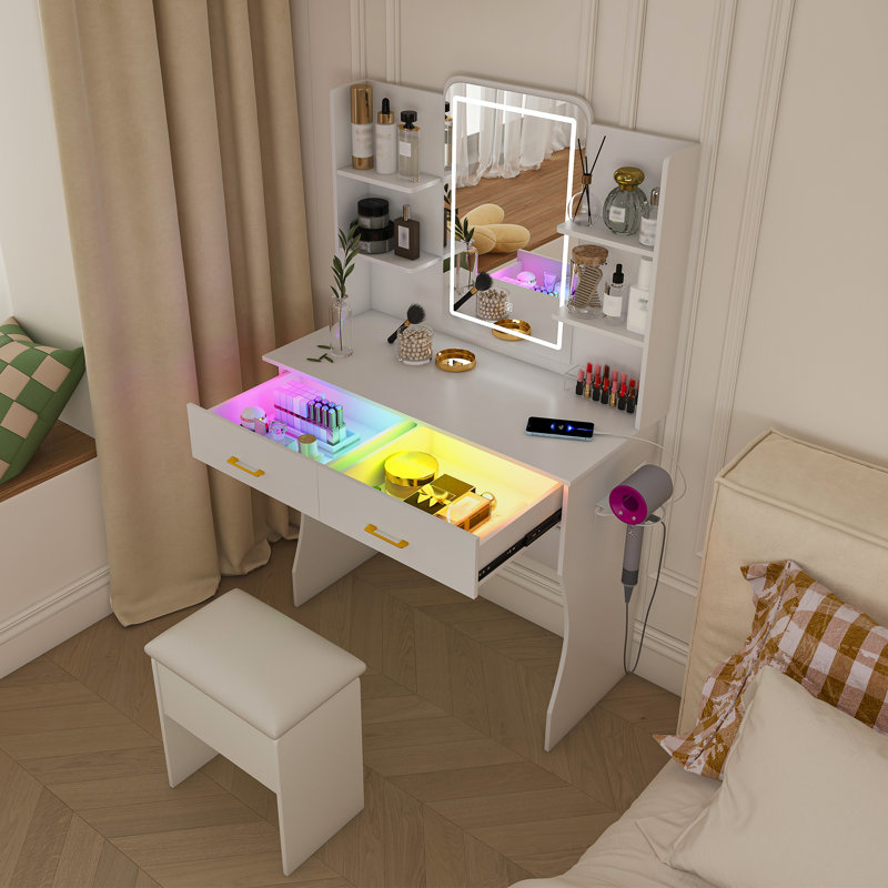 Bureau de coiffeuse avec miroir à DEL et prise de courant, ensemble de coiffeuse avec tiroirs de rangement et chaise, 3 modes d'éclairage et luminosité réglable RVB à DEL, coiffeuse pour chambre de filles, blanc