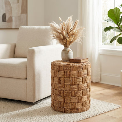Handwoven Round Banana Fiber Foot Stool Backless Accent for Living Room - Textured Seating with Compact Design for Vanity Home Decor - 18", Brown