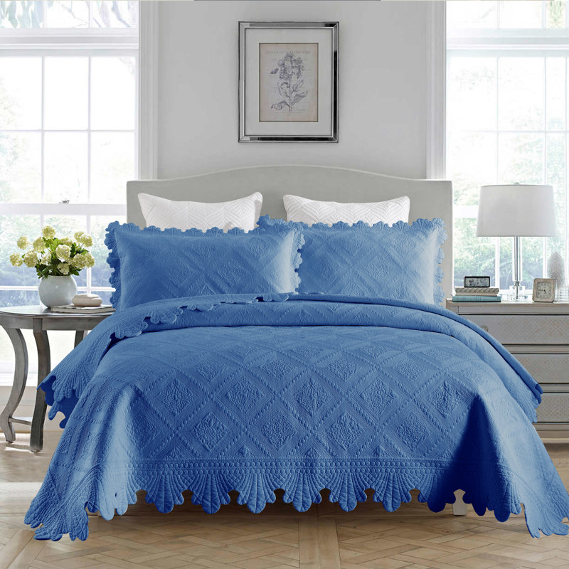 Tkembroidery Cotton Abstract Bedding, Queen Quilt + 2 Standard Shams, Midtone Blue