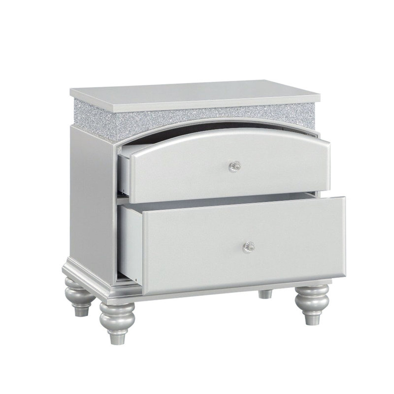 Contemporary Bedroom Nightstand With 2 Arched Top Drawers In Platinum Color Silver Grey Nightstand, And Metal Glide Bottom